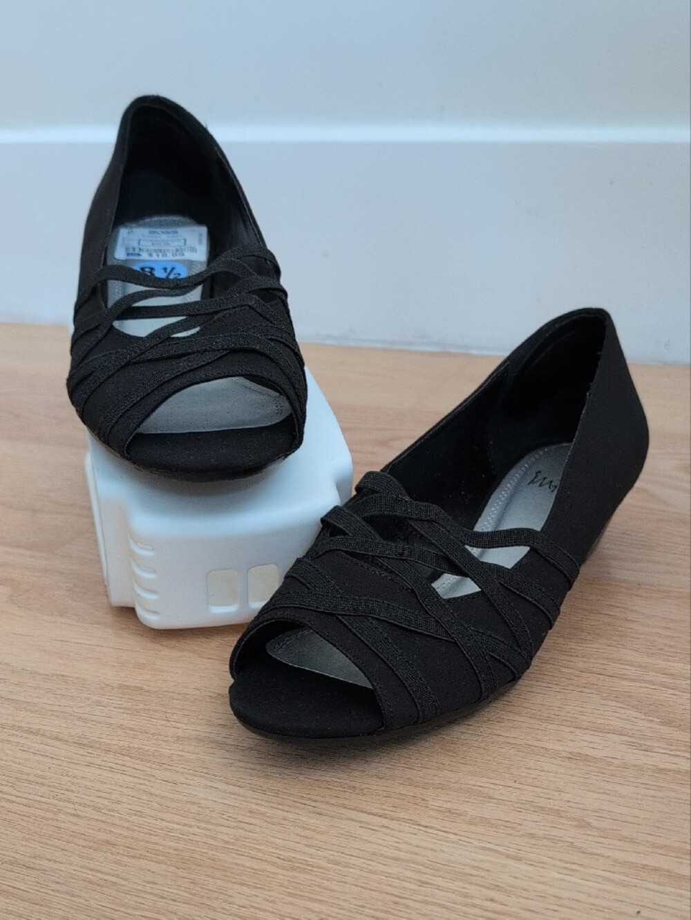 NWT IMPO Black Strappy Peep Toe Wedge Comfort Heels 8.5